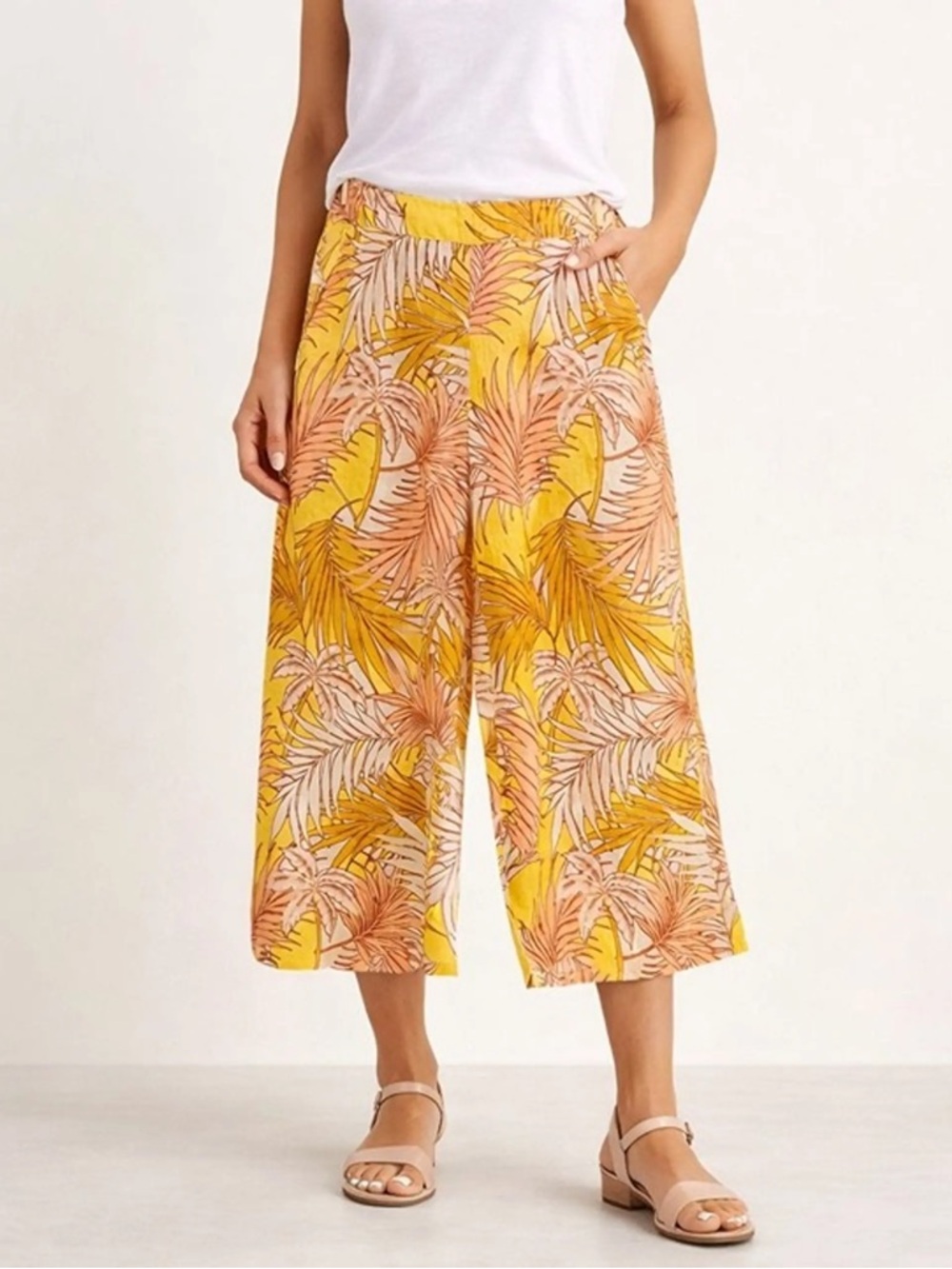 Tahari 100% Linen Wide Leg Cropped Pants Tropical Yellow Resort